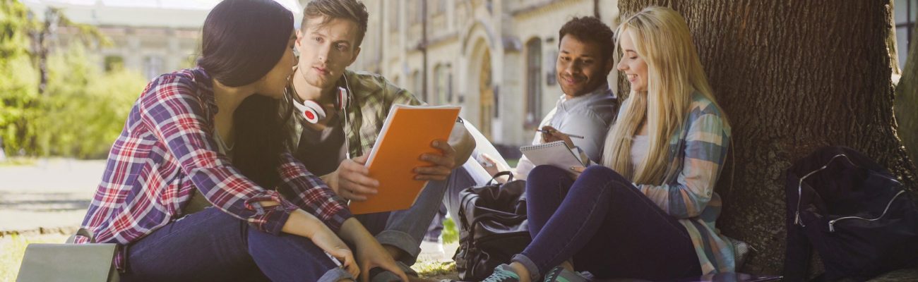 College,Students,Having,Discussion,Under,Tree,On,Campus,,Preparing,For